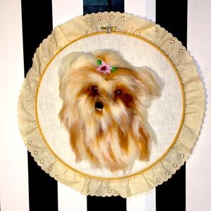 Vintage Embroidered Fluffy Yorkie Dog Lover Needle Felting Unique OOAK Wall Art